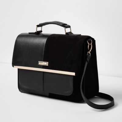 Black mixed texture panel satchel bag
